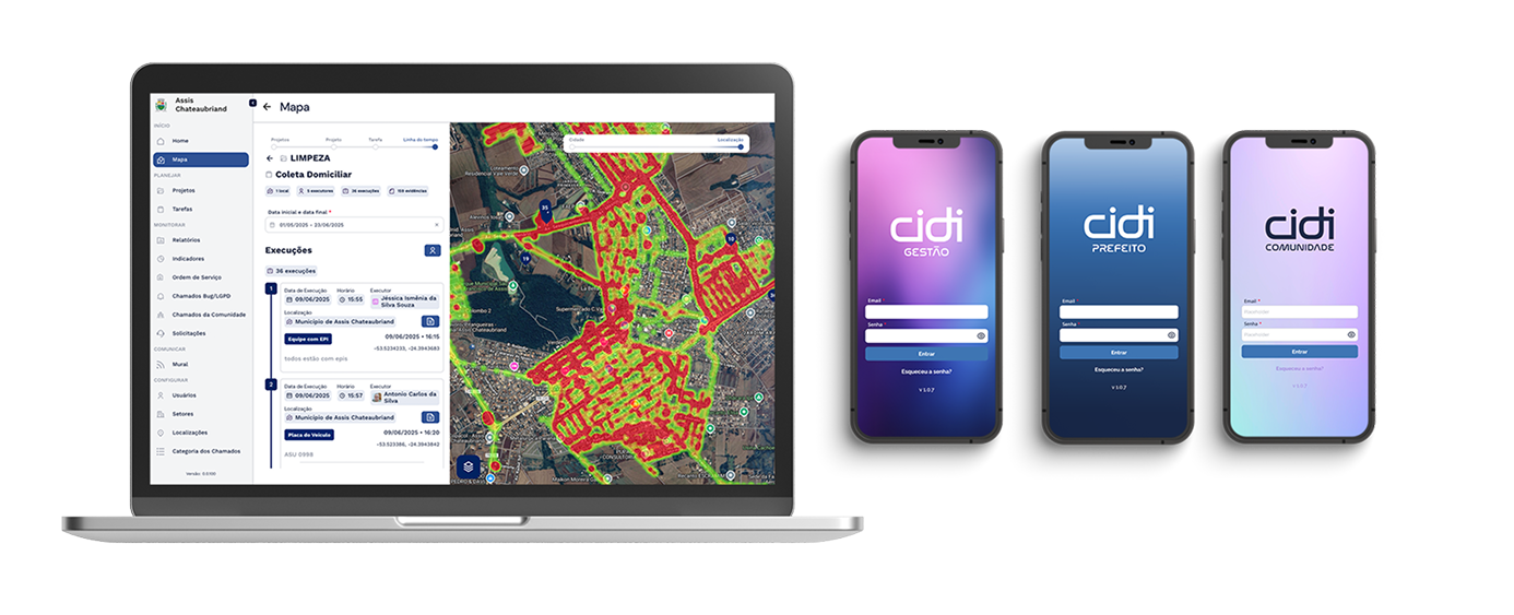 Plataforma CIDI com dashboard de gestão urbana no desktop e apps móveis para gestores, prefeitos e comunidade, conectando serviços públicos.