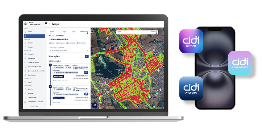 Plataforma CIDI com dashboard de gestão urbana no desktop e apps móveis para gestores, prefeitos e comunidade, conectando serviços públicos.